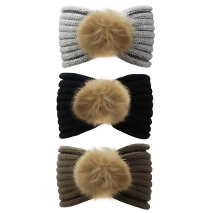 Black Gray Taupe 3-Pack Thick Knit Headband With Faux Fur Pom Pom - All