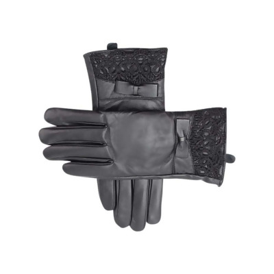 Faux Leather Gloves With Lace Cuff 