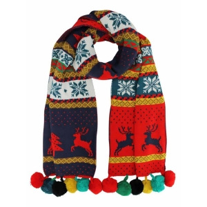 Colorful Reindeer Print Pom Pom Winter Knit Scarf - All
