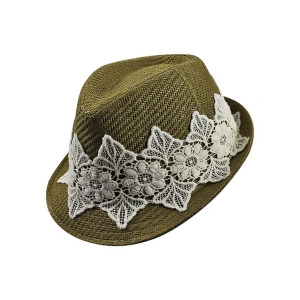 Olive Woven Straw Fedora Hat With White Lace Band - All