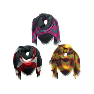 Pink Yellow Black 3 Pack Wool Plaid Blanket Scarf - All
