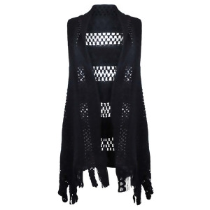 Black Open Knit Vest Cardigan With Fringe - All