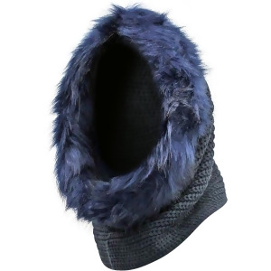 Navy Blue Knit Infinity Hooded Head Scarf With Faux Fur Trim - All