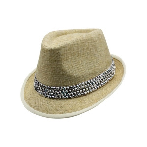 Beige Fedora Hat With White Trim Rhinestone Band - All