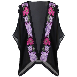 Black Cold Shoulder Embroidered Kimono Cover Up - All