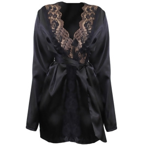 Black Long Sleeve Satin Robe With Lace Trim - All