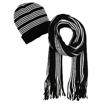 Mens Black & White Stripe Winter Knit Hat & Scarf Set 