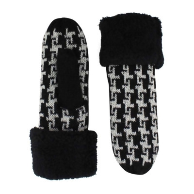 Womens Black Houndstooth Mittens With Fuzzy Cuff 