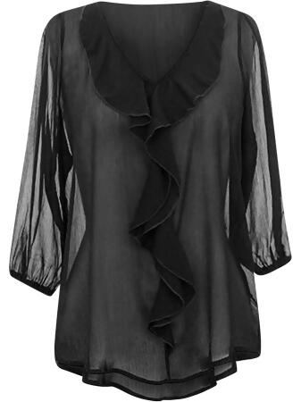 Sheer Chiffon Top With Ruffled Neckline - Small