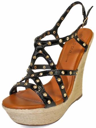 Gold Studded Strappy Wedge Sandals - 7