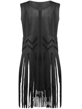 Faux Suede Vest With Long Flowing Fringe - One Size