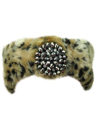 Faux Fur Headband With Beaded Broach - One Size