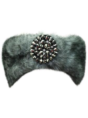 Faux Fur Headband With Beaded Broach - One Size