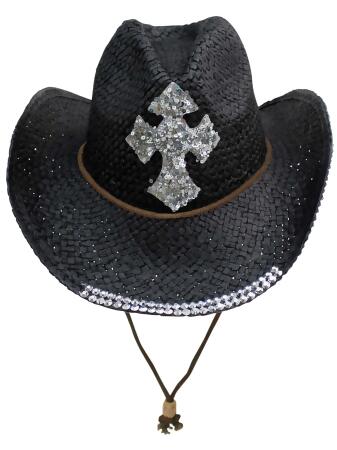 Straw Cowboy Hat With Sequin Cross - One Size