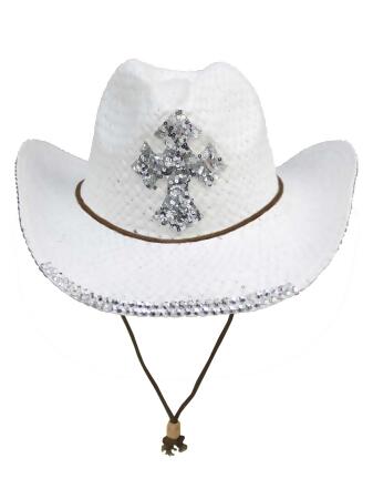 Straw Cowboy Hat With Sequin Cross - One Size