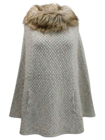 Knit Poncho With Faux Fur Neckline - One Size