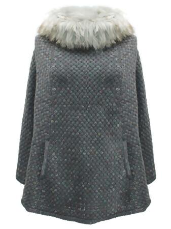 Knit Poncho With Faux Fur Neckline - One Size