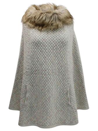 Knit Poncho With Faux Fur Neckline - One Size