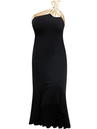 Tea Length Black Cocktail Dress With Champagne Trim Bow - Small