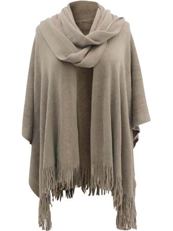 Two-tone Fringed Shawl With Attached Scarf - One Size