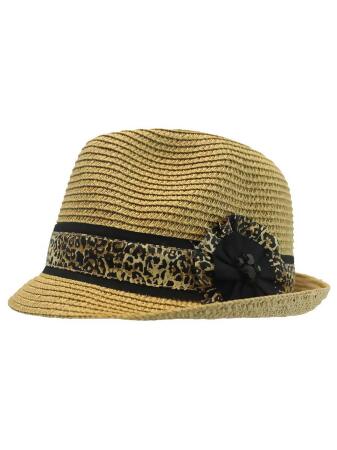 Straw Fedora Hat With Animal Print Hat Band - One Size