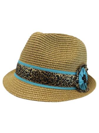 Straw Fedora Hat With Animal Print Hat Band - One Size