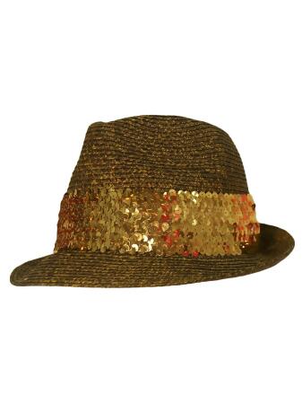 Straw Fedora Hat With Sequin Hat Band - One Size