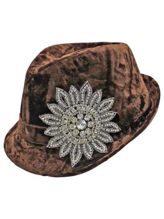 Velvet Rhinestone Jeweled Flower Fedora Hat - One Size