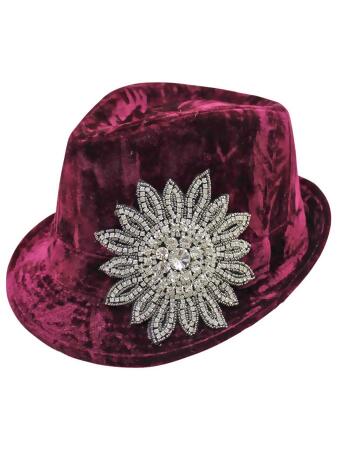 Velvet Rhinestone Jeweled Flower Fedora Hat - One Size