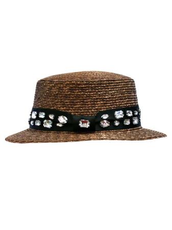 Straw Sun Hat With Black Rhinestone Band - One Size