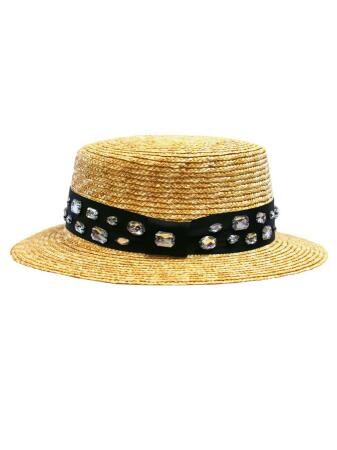 Straw Sun Hat With Black Rhinestone Band - One Size