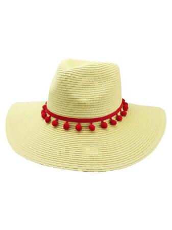 Straw Panama Style Sun Hat With Pom-pom Trim - One Size