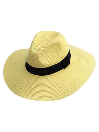 Woven Straw Wide Brim Panama Style Sun Hat - One Size