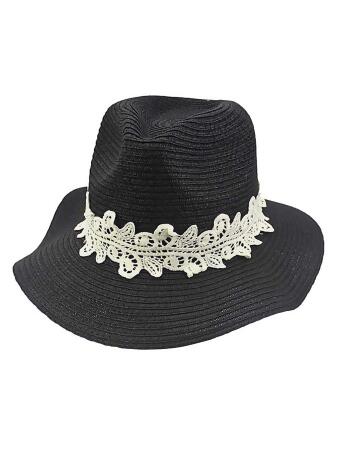 Woven Straw Panama Hat With Lace Hat Band - One Size