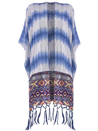 Multicolor Aztec Tribal Print Kimono Top With Beaded Tassels - One Size