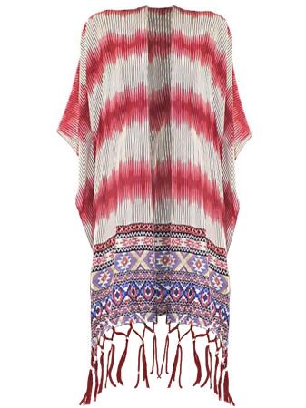 Multicolor Aztec Tribal Print Kimono Top With Beaded Tassels - One Size