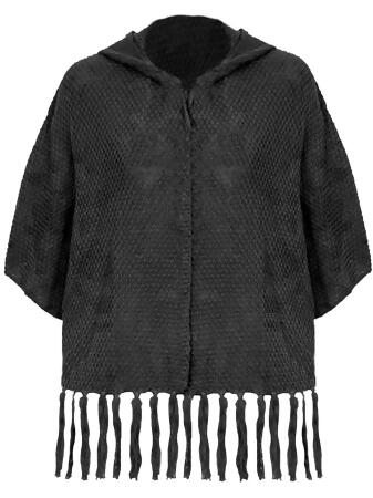 Hooded Knit Poncho Sweater With Fringe - Small / Medium