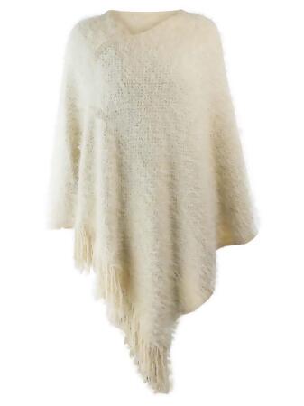 Fuzzy Eyelash Knit Fringed Poncho - One Size