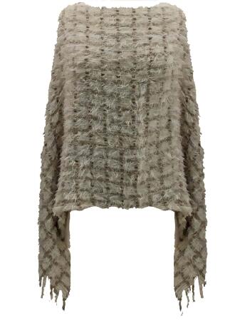 Two-tone Fuzzy Knit Poncho With Fringe - One Size