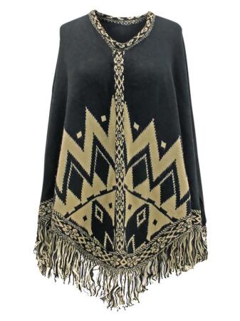 Aztec Print Poncho With Fringe - One Size