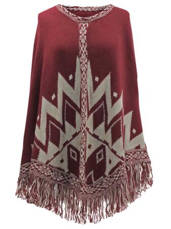 Aztec Print Poncho With Fringe - One Size