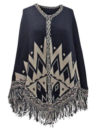 Aztec Print Poncho With Fringe - One Size