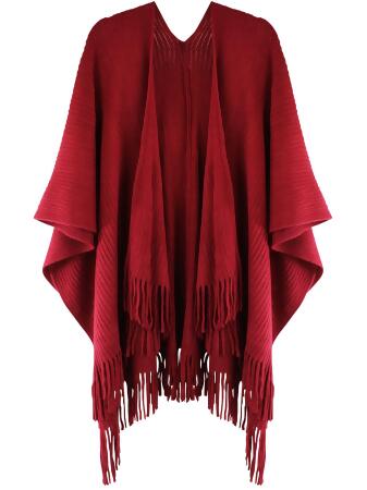 Solid Color Knit Shawl With Fringe - One Size
