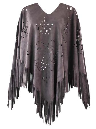 Faux Suede Poncho With Fringe - One Size