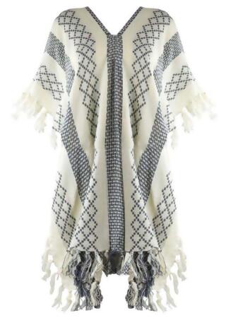 Mixed Pattern Knit Poncho With Tassel Fringe - One Size