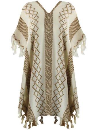 Mixed Pattern Knit Poncho With Tassel Fringe - One Size