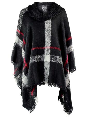 Brushed Plaid Knit Turtleneck Poncho - One Size