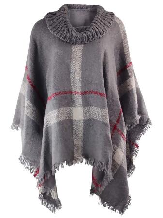 Brushed Plaid Knit Turtleneck Poncho - One Size