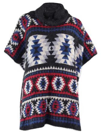 Geo Pattern Turtleneck Poncho - One Size