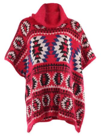 Geo Pattern Turtleneck Poncho - One Size